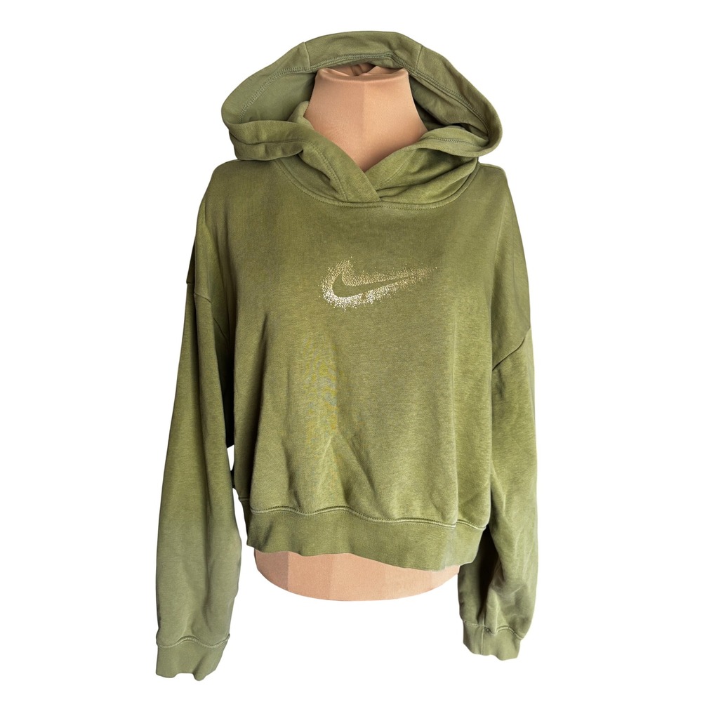 Nike Sportswear Essential Fleece Cropped Hoodie Olive Green Glitter Swoosh M